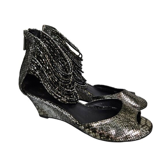 Kelsi Dagger Ryton Silver Metallic Snake Embossed Leather Ankle Strap Wedge 7.5 - Picture 1 of 13